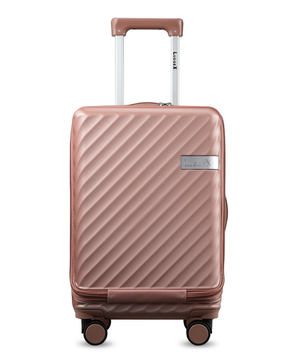 Gold Black polycarbonate carry-on luggage with expandable design, built-in laptop compartment & convenient cup holder for travel essentials.
