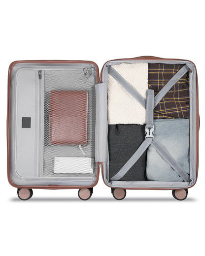 Gold Lightweight carry-on luggage with 360° spinner wheels, TSA-approved lock, and durable polycarbonate shell for airline-compliant travel.
