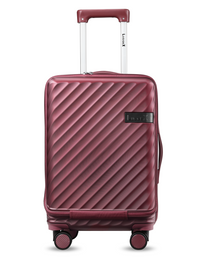 Red Black polycarbonate carry-on luggage with expandable design, built-in laptop compartment & convenient cup holder for travel essentials.
