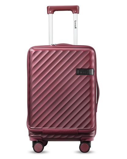 Red Black polycarbonate carry-on luggage with expandable design, built-in laptop compartment & convenient cup holder for travel essentials.
