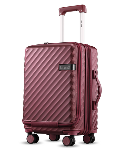 Black polycarbonate carry-on luggage with expandable design, built-in laptop compartment & convenient cup holder for travel essentials.
