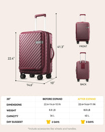 Red Airline-Approved Carry On Luggage Size 21x14x9 Inches, TSA-Compliant Suitcase for US Travel
