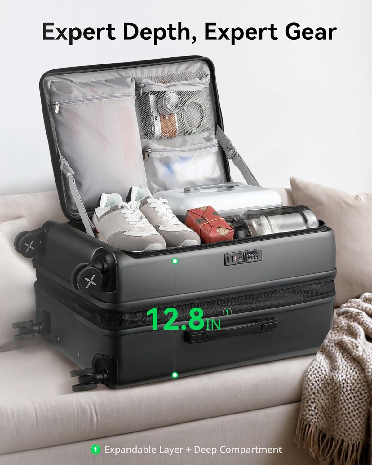 Expert Gear Travel Luggage with Front Pocket, 22x14x9 Expert Depth Design for Effortless Organization. Compact Spinner Suitcase Meets Airline Size Requirements.
#color_charcoal