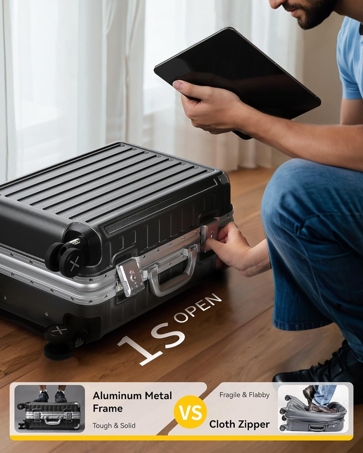 Zipperless Aluminum Carry-On Luggage with TSA Lock for Fast Access at Airport Travel, Durable Handbag & Shopping Bag Design for Secure Trips 
