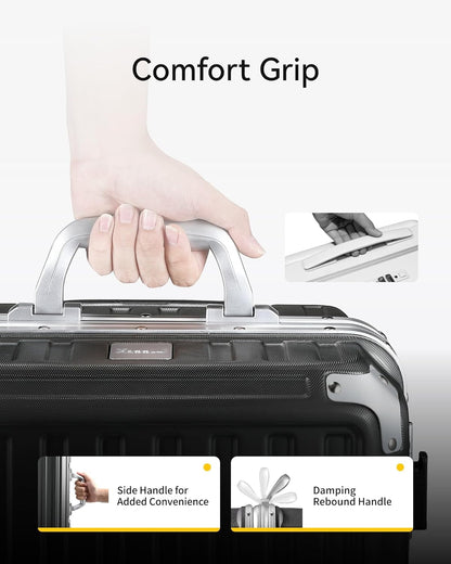 Zipperless Aluminum Carry-On Luggage with Damping Rebound Handle & Side Handle Close-Up, Durable Travel Case Featuring Seamless Design and Ergonomic Grip Details 
