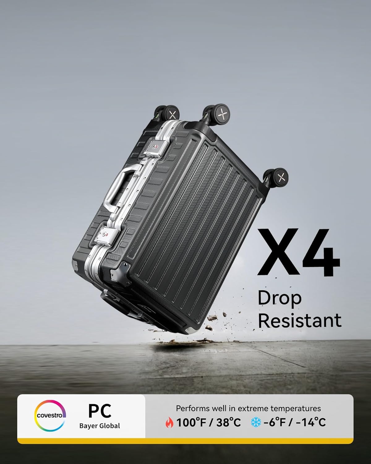 Durable Aluminum Carry-On Luggage with Zipperless Design & Reinforced Corner Protectors, Drop Tested for Impact Resistance (Overhead View) 