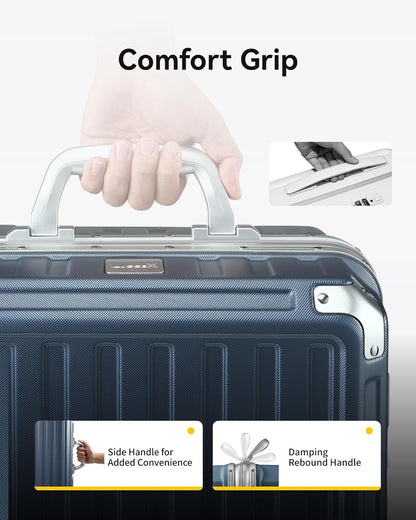 Zipperless Aluminum Carry-On Luggage with Damping Rebound Handle & Side Handle Close-Up, Durable Travel Case Featuring Seamless Design and Ergonomic Grip Details 