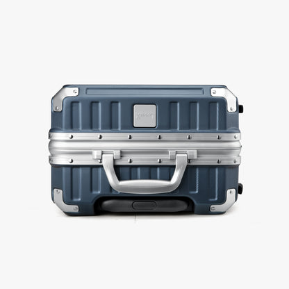 LUGGEX 20-inch aluminum frame carry-on luggage suitcase bottom view with reinforced corners and side handle #color_blue
