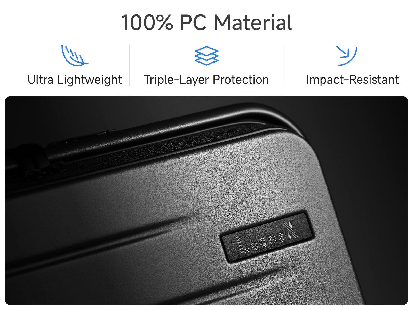 Close-up of LUGGEX FLO Lite blue carry-on luggage shell made from 100% polycarbonate with ultra-lightweight, triple-layer protection, and impact-resistant design.
