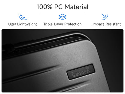 Close-up of LUGGEX FLO Lite blue carry-on luggage shell made from 100% polycarbonate with ultra-lightweight, triple-layer protection, and impact-resistant design.
