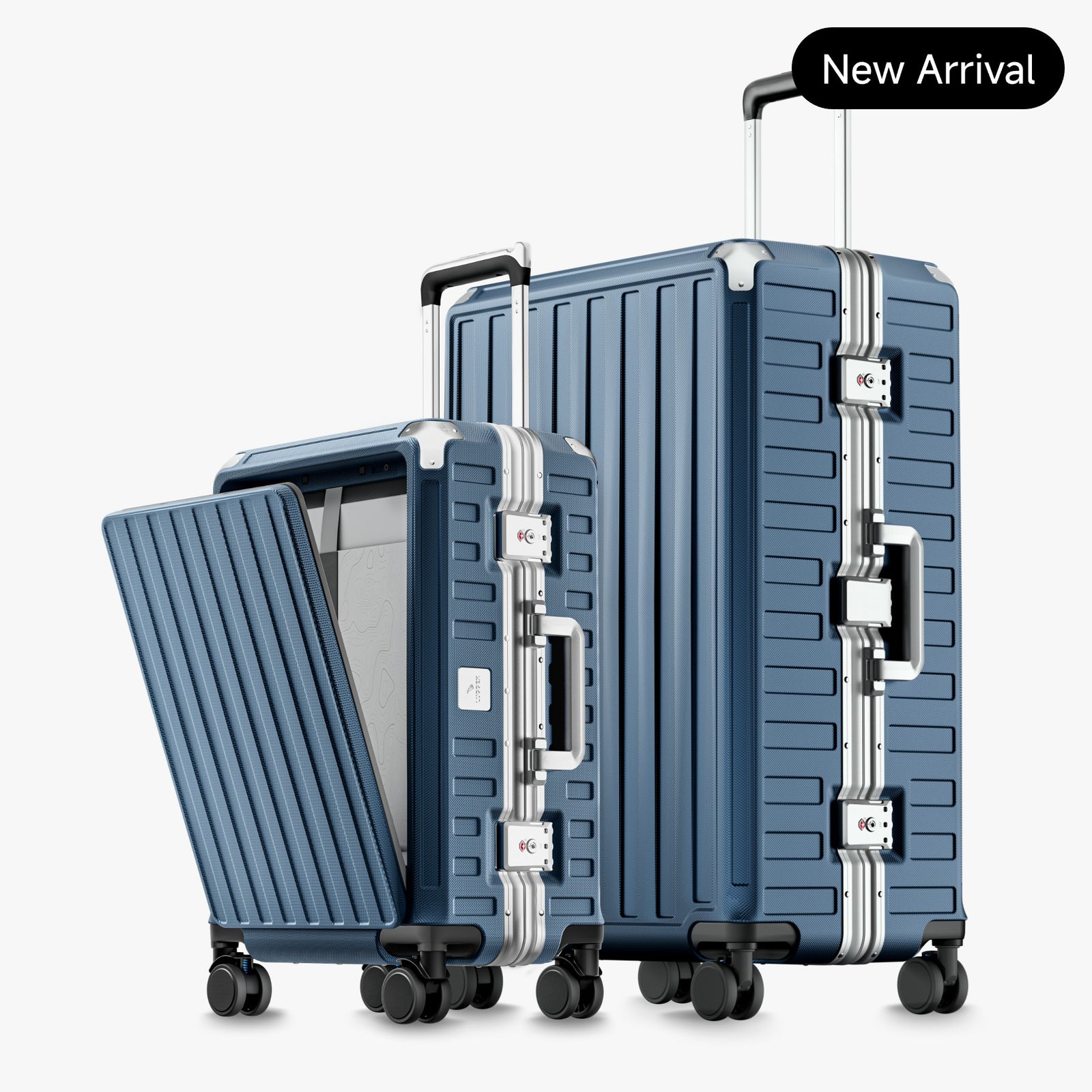 100% polycarbonate hard shell, and reinforced aluminum frame for durable protection and long-term travel use. #LUGGEX 28-inch aluminum-frame zipperless check-in suitcase with 100% polycarbonate hard shell, TSA-approved locks, and smooth spinner wheels for durable, secure travel.  #color_blue #show