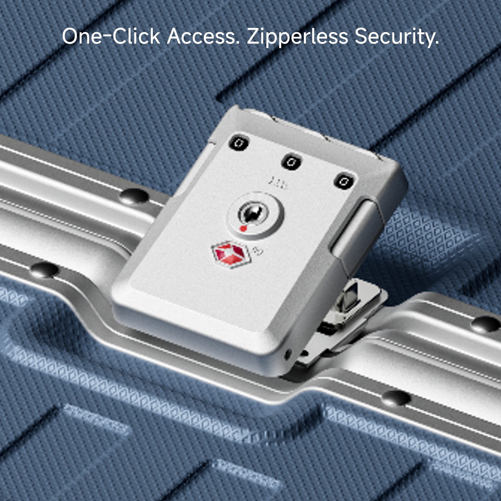 Detail view of LUGGEX ZX all-in-one aluminum carry-on featuring zipperless security lock and quick one-click opening design for fast and confident travel. #show #color_blue