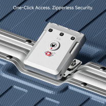 Detail view of LUGGEX ZX all-in-one aluminum carry-on featuring zipperless security lock and quick one-click opening design for fast and confident travel. #show #color_blue
