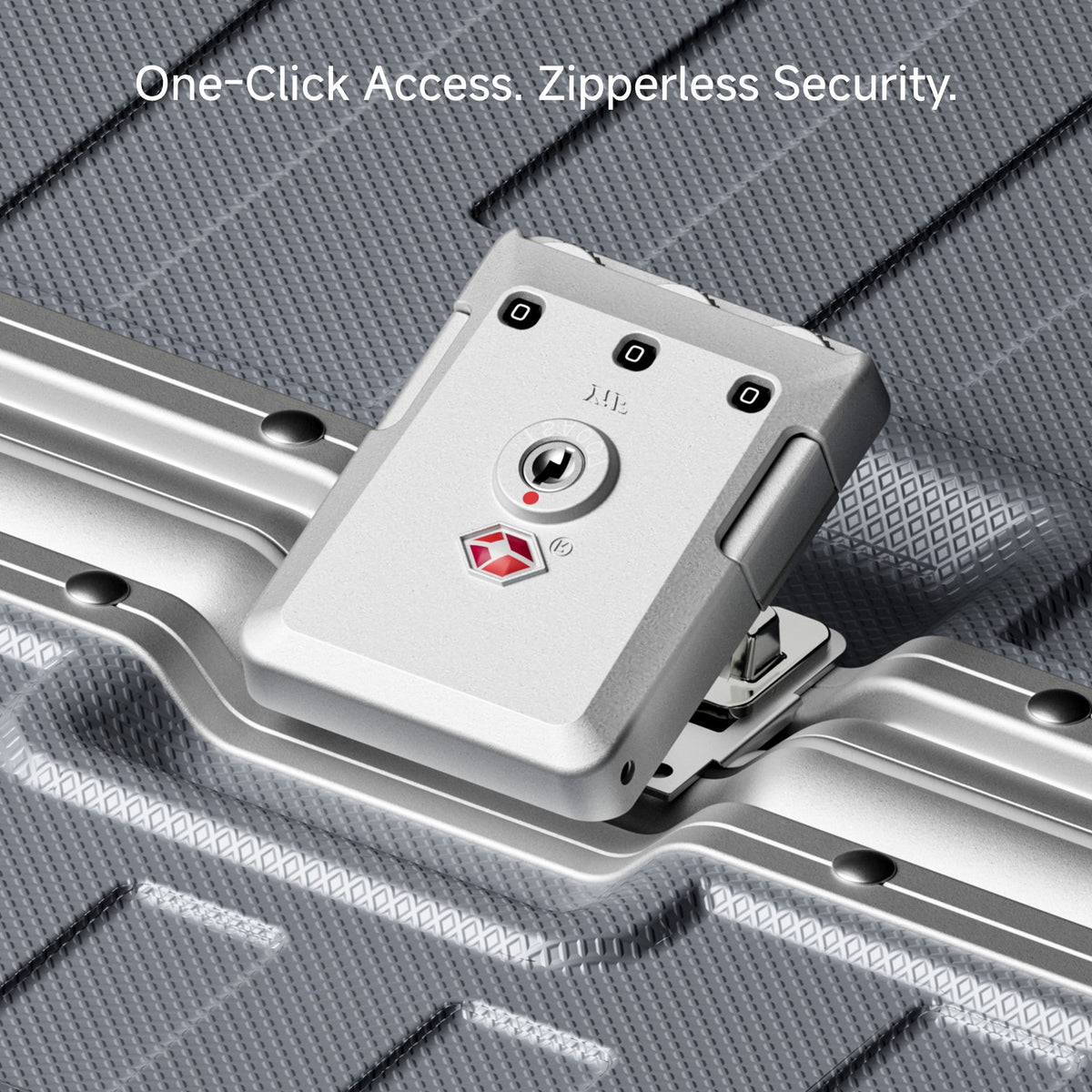 Detail view of LUGGEX ZX all-in-one aluminum carry-on featuring zipperless security lock and quick one-click opening design for fast and confident travel. #show#color_sliver_grey