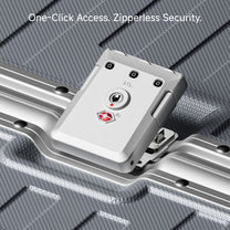 Detail view of LUGGEX ZX all-in-one aluminum carry-on featuring zipperless security lock and quick one-click opening design for fast and confident travel. #show#color_sliver_grey