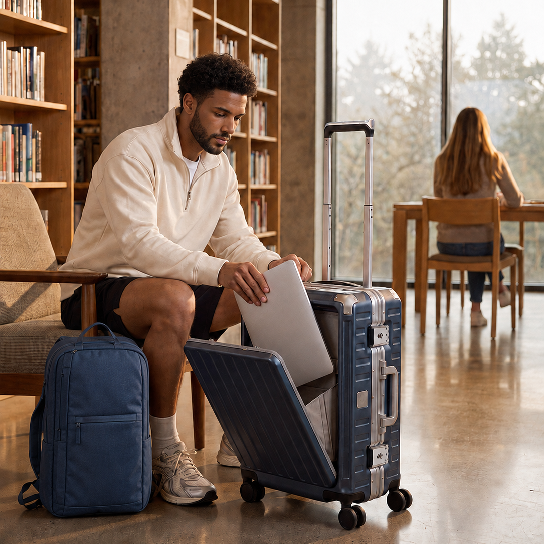 Man accessing laptop from front pocket of blue aluminum carry-on luggage in library.#color_blue