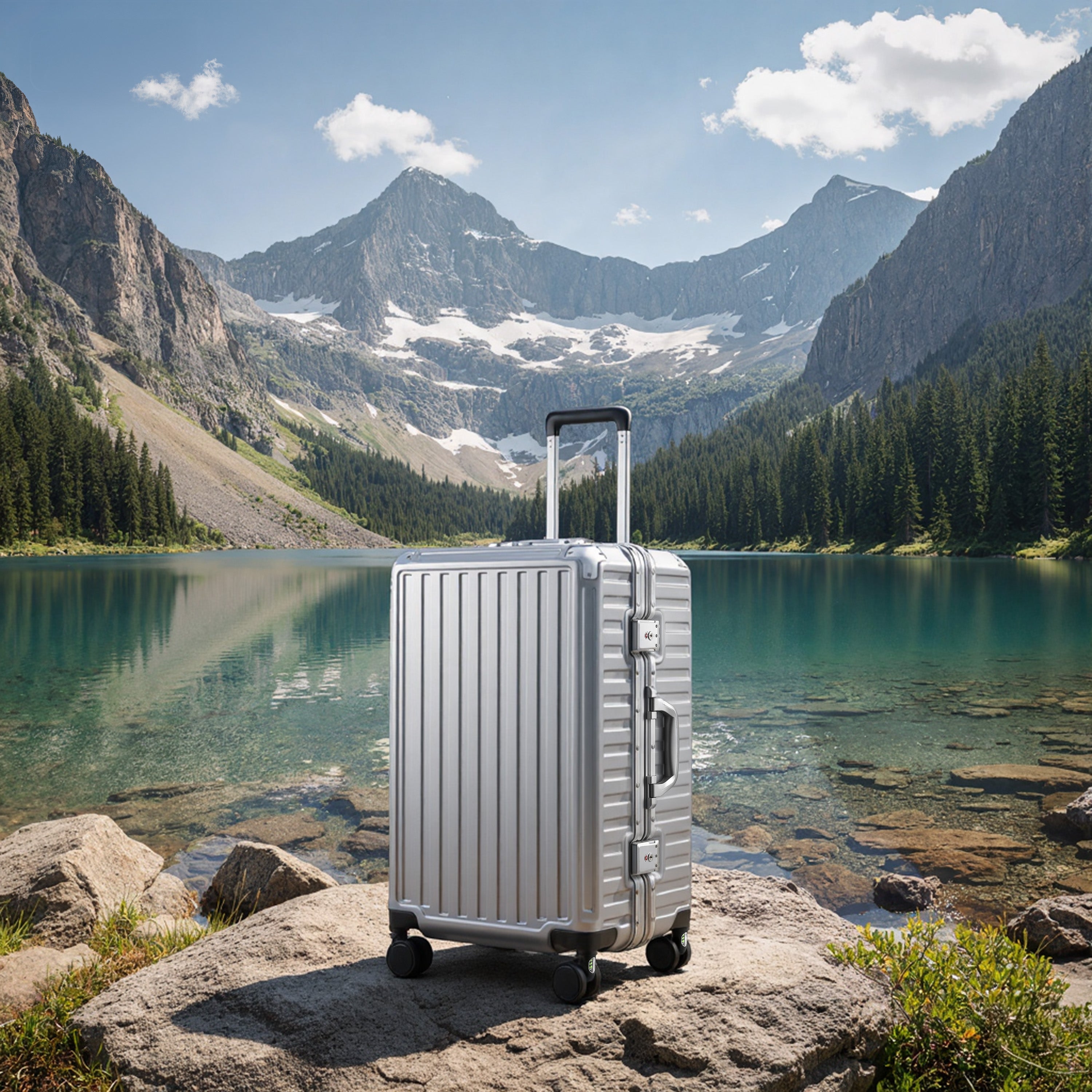 Aluminum frame luggage standing by a mountain lake, designed for epic adventure travel with durable construction and smooth spinner wheels. 