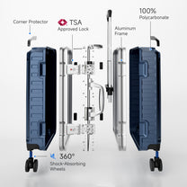 Exploded view of aluminum frame luggage showing 100% polycarbonate shell, reinforced corner protectors, TSA-approved locks, aluminum frame structure, and 360-degree shock-absorbing spinner wheels. #color_blue