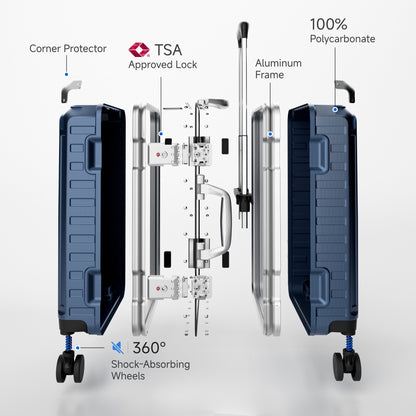 Exploded view of aluminum frame luggage showing 100% polycarbonate shell, reinforced corner protectors, TSA-approved locks, aluminum frame structure, and 360-degree shock-absorbing spinner wheels. 