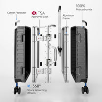 Exploded view of aluminum frame luggage showing 100% polycarbonate shell, reinforced corner protectors, TSA-approved locks, aluminum frame structure, and 360-degree shock-absorbing spinner wheels. 