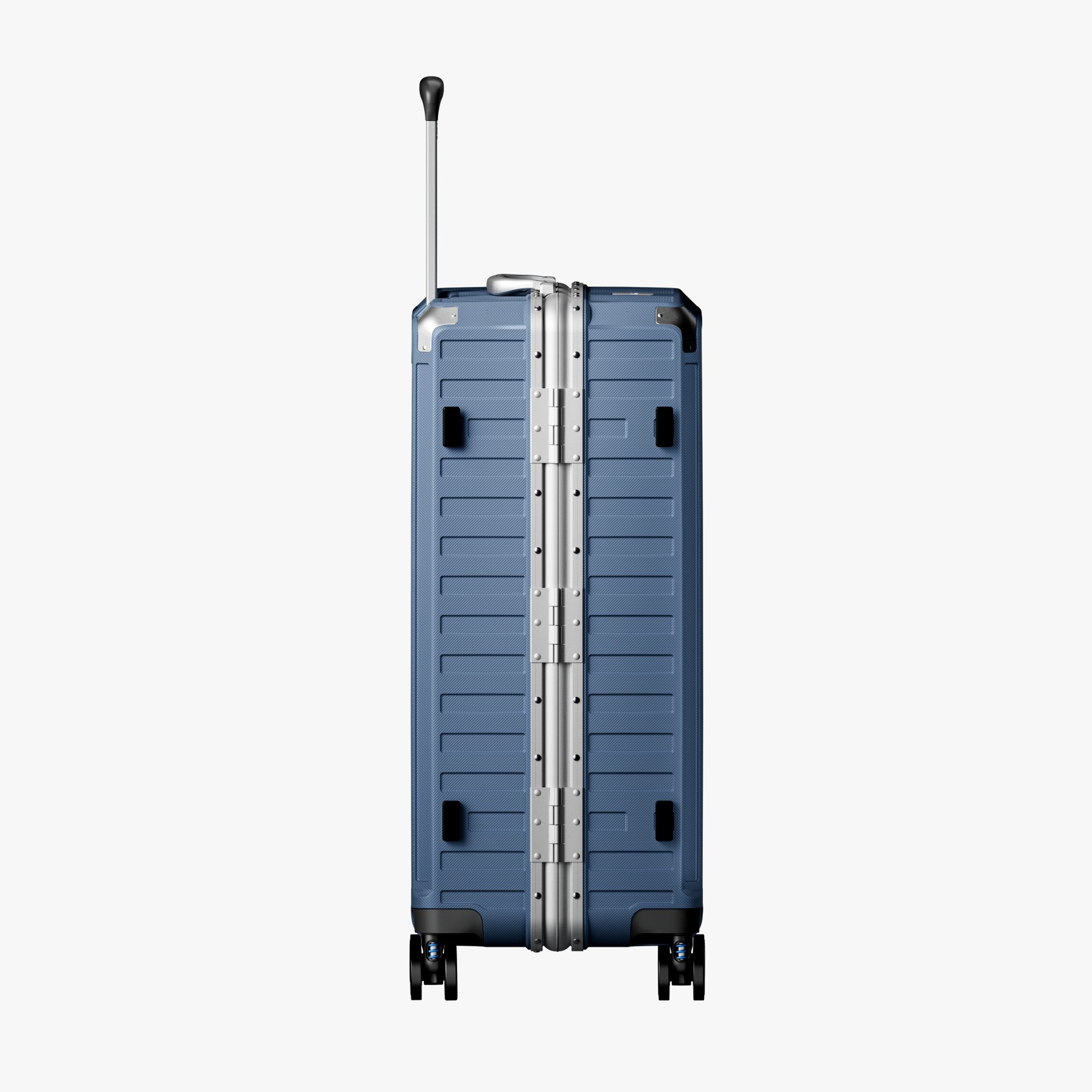 Side view of aluminum frame luggage with protective foot pads that elevate the shell and prevent scratches when the suitcase is placed on the ground. 