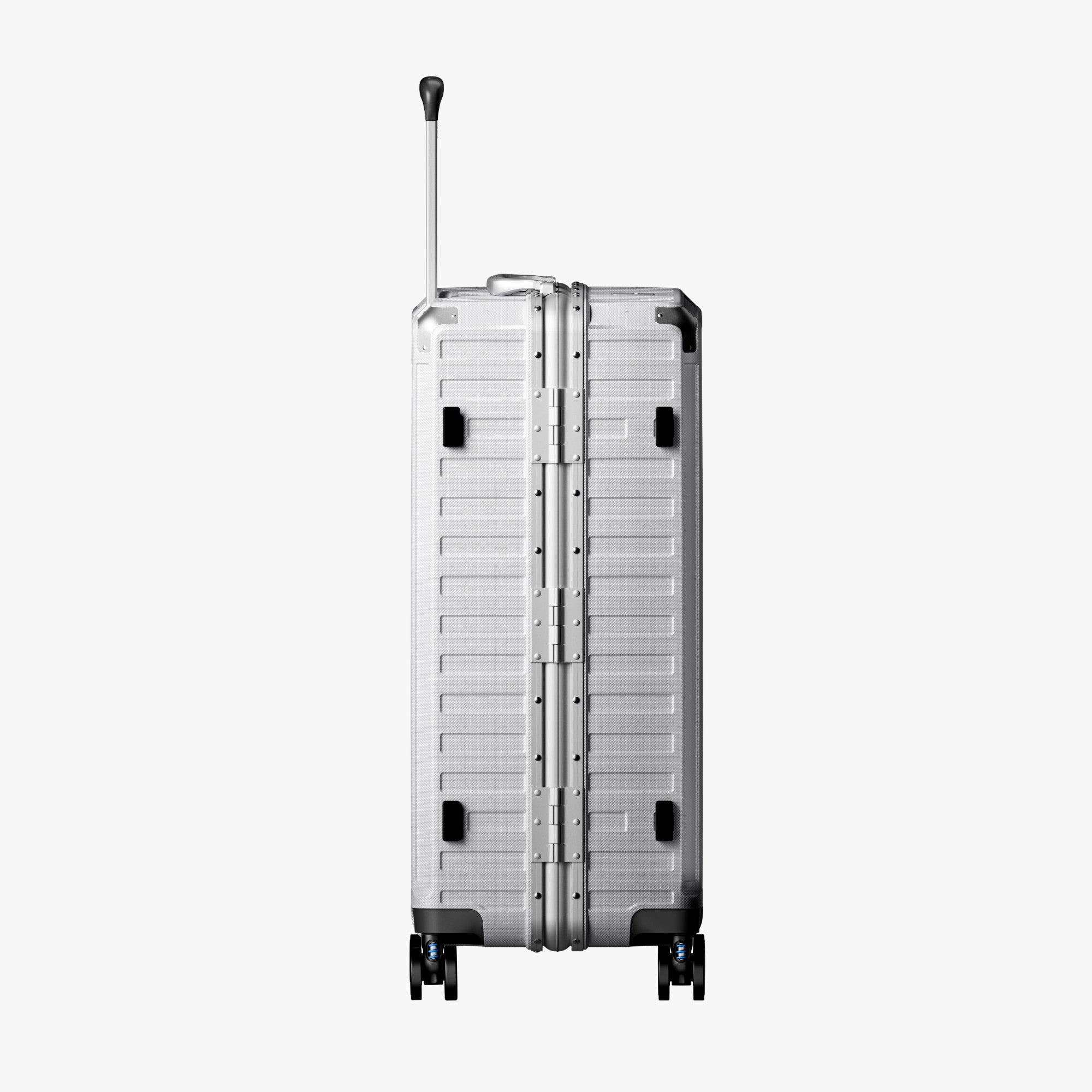 Side view of aluminum frame luggage with protective foot pads that elevate the shell and prevent scratches when the suitcase is placed on the ground. 