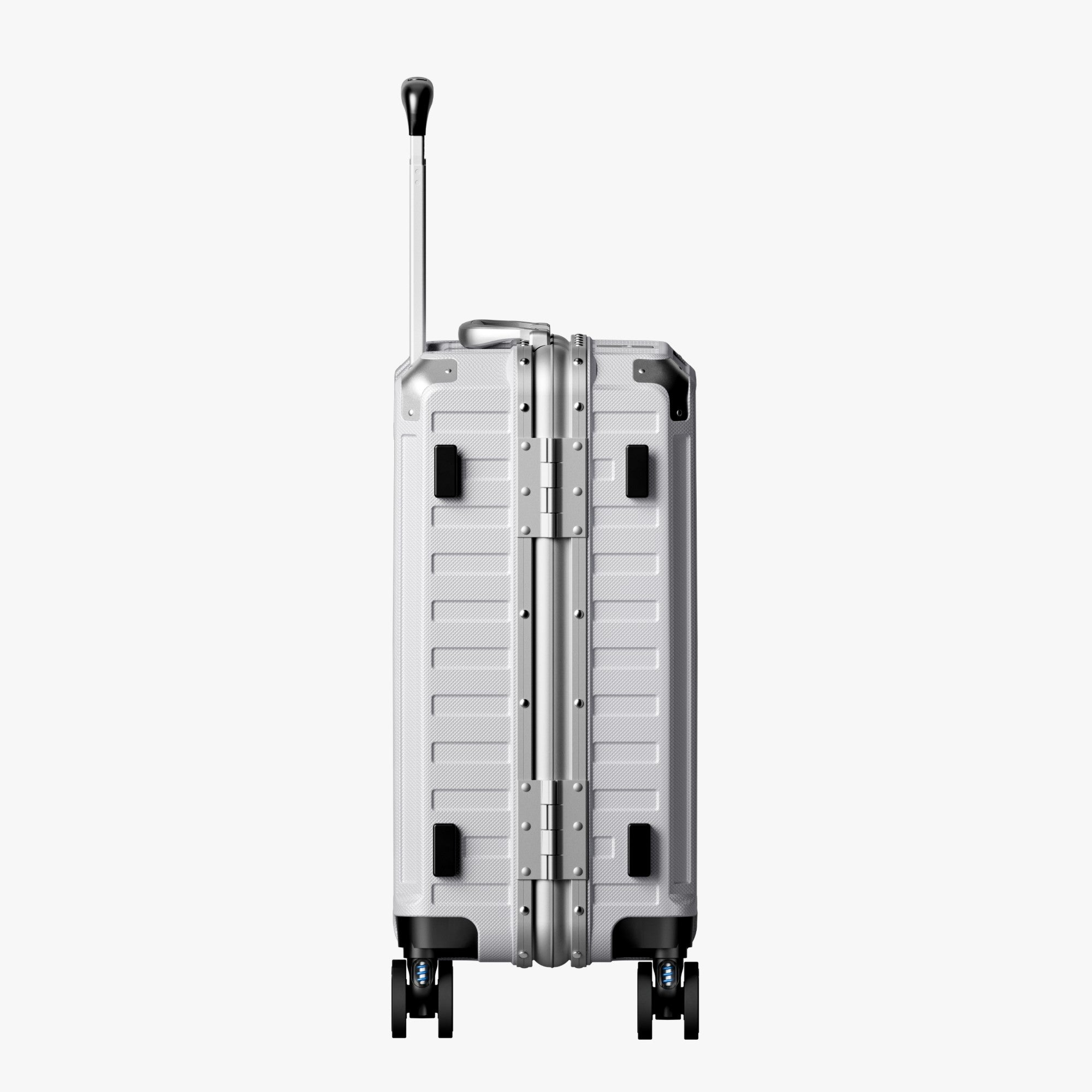 Side view of aluminum frame luggage with protective foot pads that elevate the shell and prevent scratches when the suitcase is placed on the ground. #show #color_sliver_grey