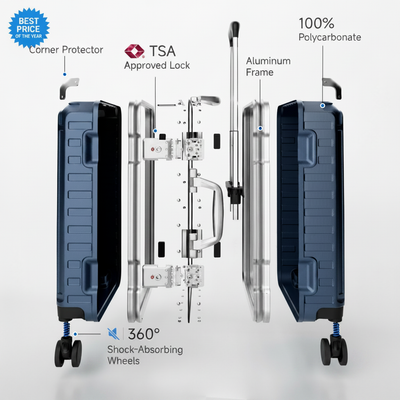 Exploded view of aluminum frame luggage showing 100% polycarbonate shell, reinforced corner protectors, TSA-approved locks, aluminum frame structure, and 360-degree shock-absorbing spinner wheels. 