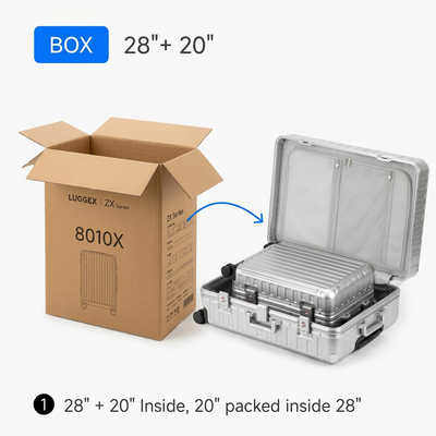 LUGGEX silver luggage set with a 20-inch carry-on packed inside a 28-inch suitcase for shipping in one box.