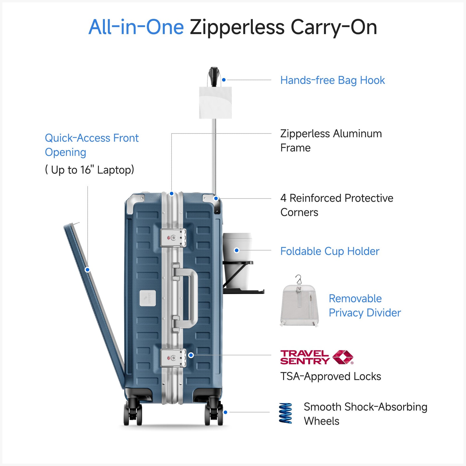 ZX All in One | Bigger Carry On | Zipperless Aluminum Frame & Front Open #color_blue