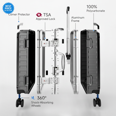 Exploded view of aluminum frame luggage showing 100% polycarbonate shell, reinforced corner protectors, TSA-approved locks, aluminum frame structure, and 360-degree shock-absorbing spinner wheels. 