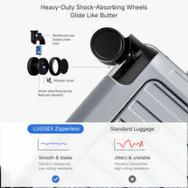 Engineering detail of LUGGEX ZX all-in-one carry-on suspension wheel system designed for ultra-smooth, quiet rolling and reduced vibration on busy travel surfaces. #color_sliver_grey