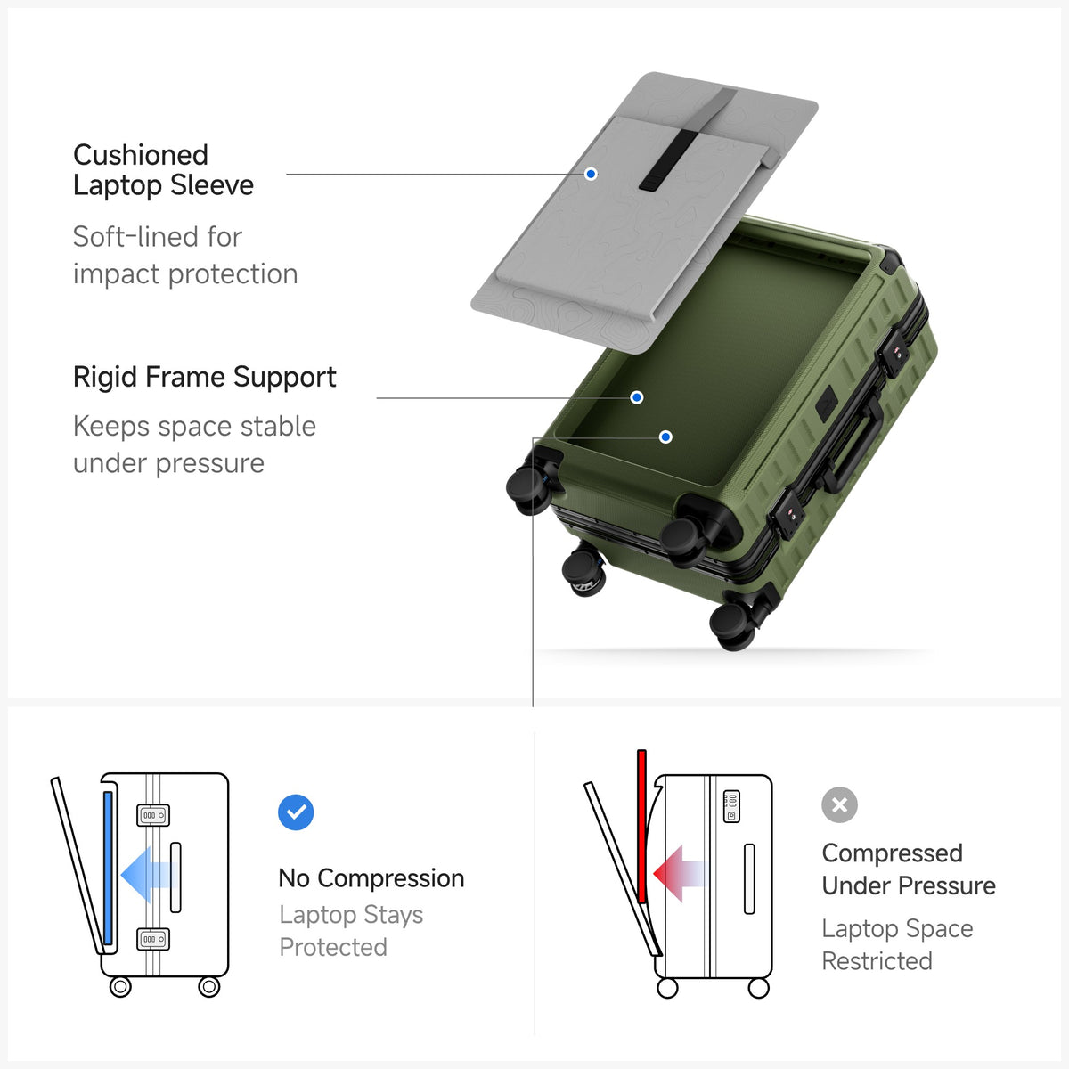 Exploded view of blue hardshell luggage showing cushioned laptop sleeve with soft lining and rigid frame support for compression-free laptop protection#color_sliver_grey