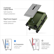 Exploded view of blue hardshell luggage showing cushioned laptop sleeve with soft lining and rigid frame support for compression-free laptop protection#color_sliver_grey
