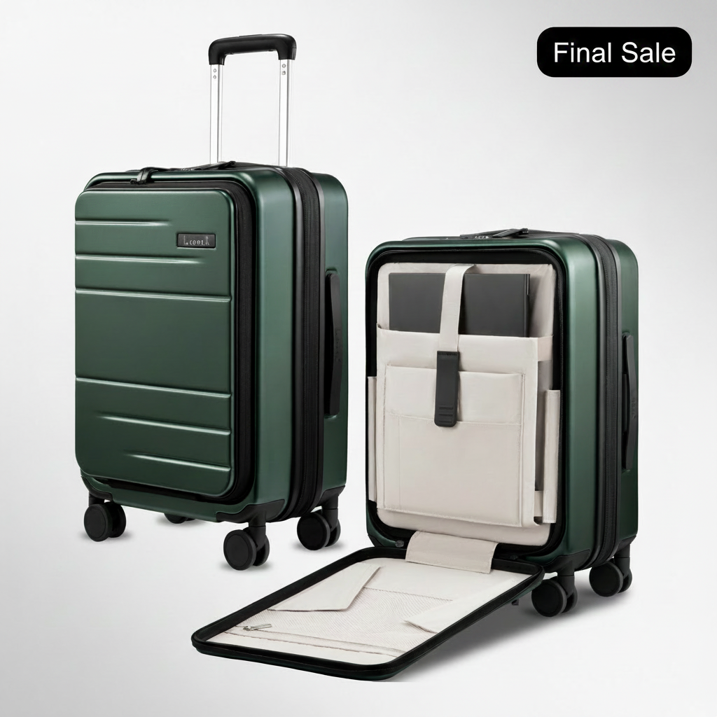 LUGGEX FLO 5 Core 20-inch front-opening carry-on luggage with built-in tech compartment and 180° opening design.
#color_green