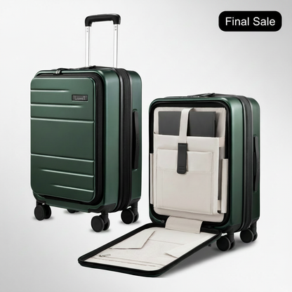 LUGGEX FLO 5 Core 20-inch front-opening carry-on luggage with built-in tech compartment and 180° opening design.
