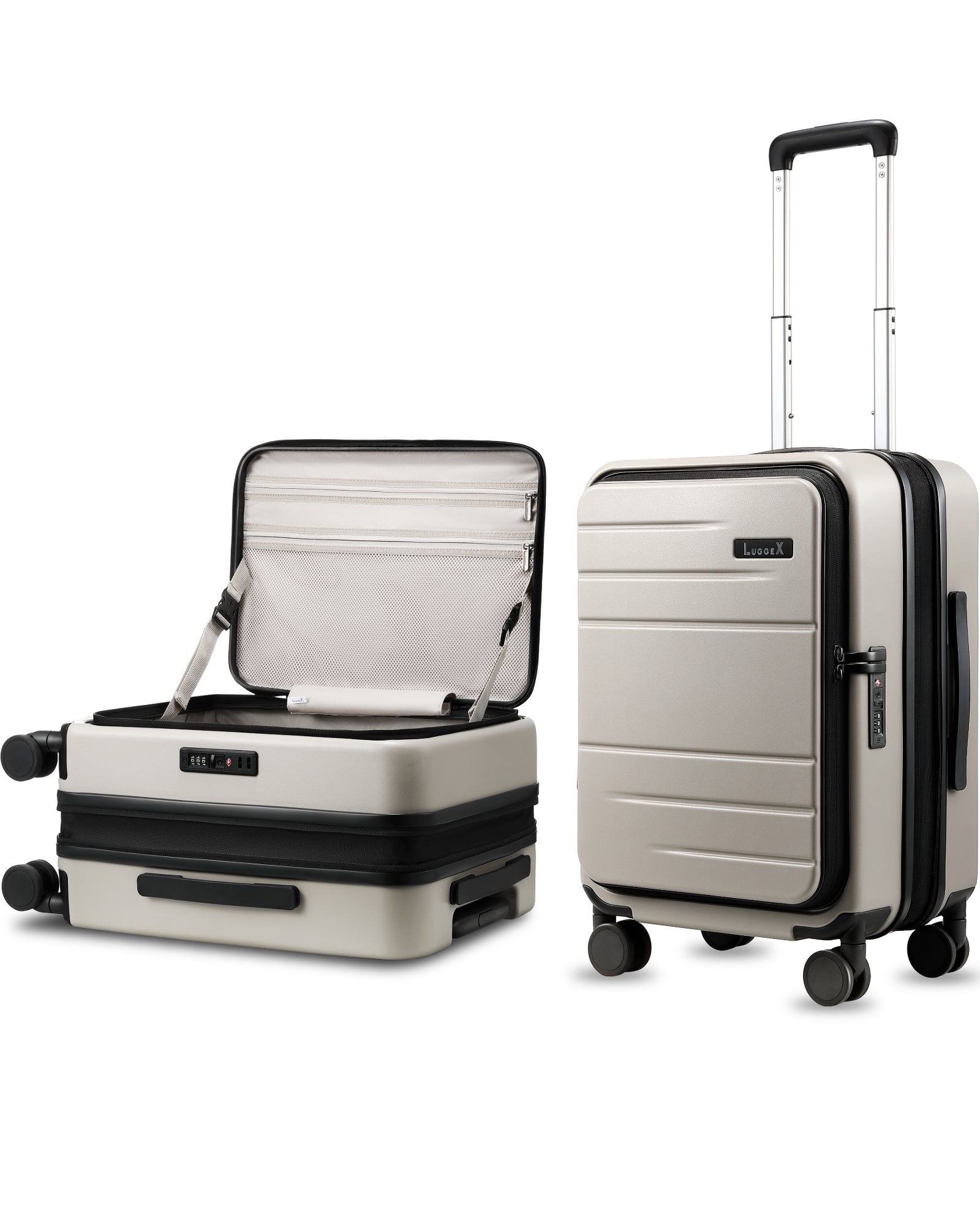 LUGGEX FLO Lite 20-inch carry-on luggage. Front-opening hard-shell design, TSA-approved lock, smooth spinner wheels, and lightweight build for smarter travel.
#color_beige