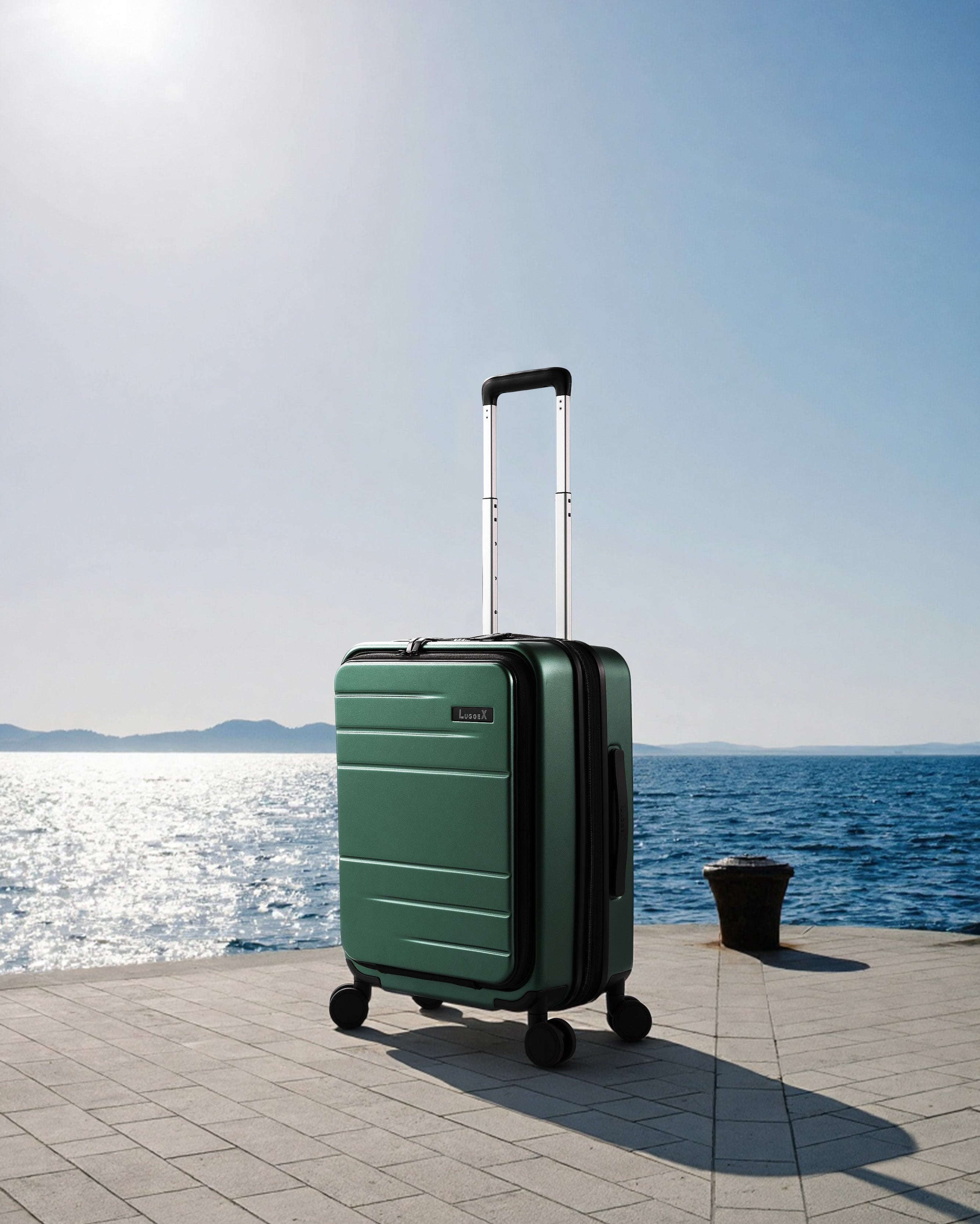 front opening carry on luggage, green luggage, suitcase