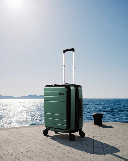 front opening carry on luggage, green luggage, suitcase