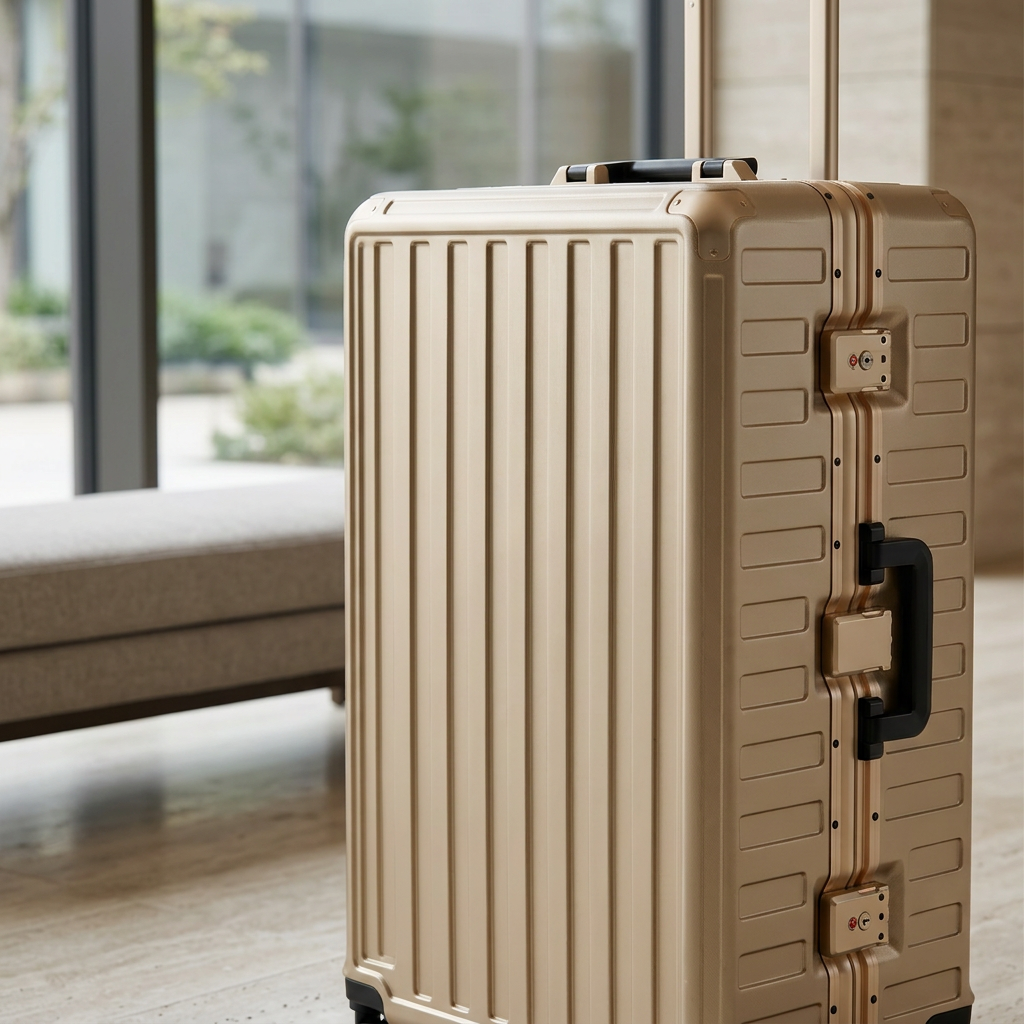 Champagne gold zipperless suitcase with latch locks and a black side handle beside a hotel lobby window