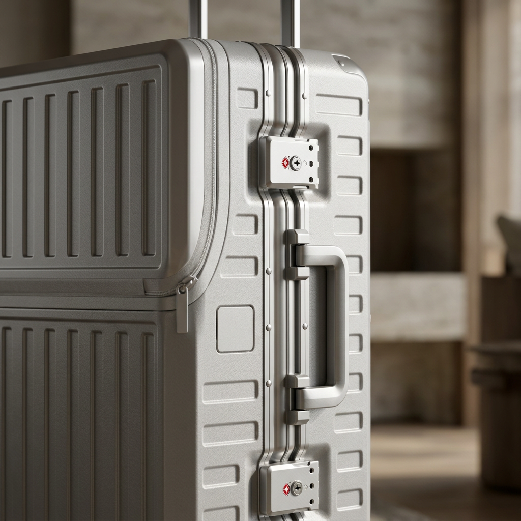 LUGGEX SF81-M1 21-inch Pearl Silver carry-on, close-up of TSA locks and side handle #color_silver-gray