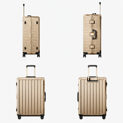 LUGGEX carry-on luggage in silver with silver aluminum frame — front, back, and side views showing zipperless hard shell, TSA lock, and spinner wheels. 