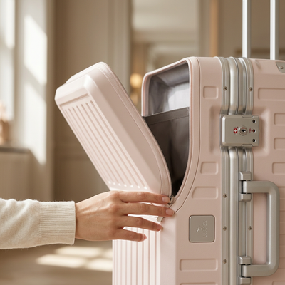 LUGGEX SF81-M1 21-inch Blush Pink carry-on, hand opening the front pocket #color_pink