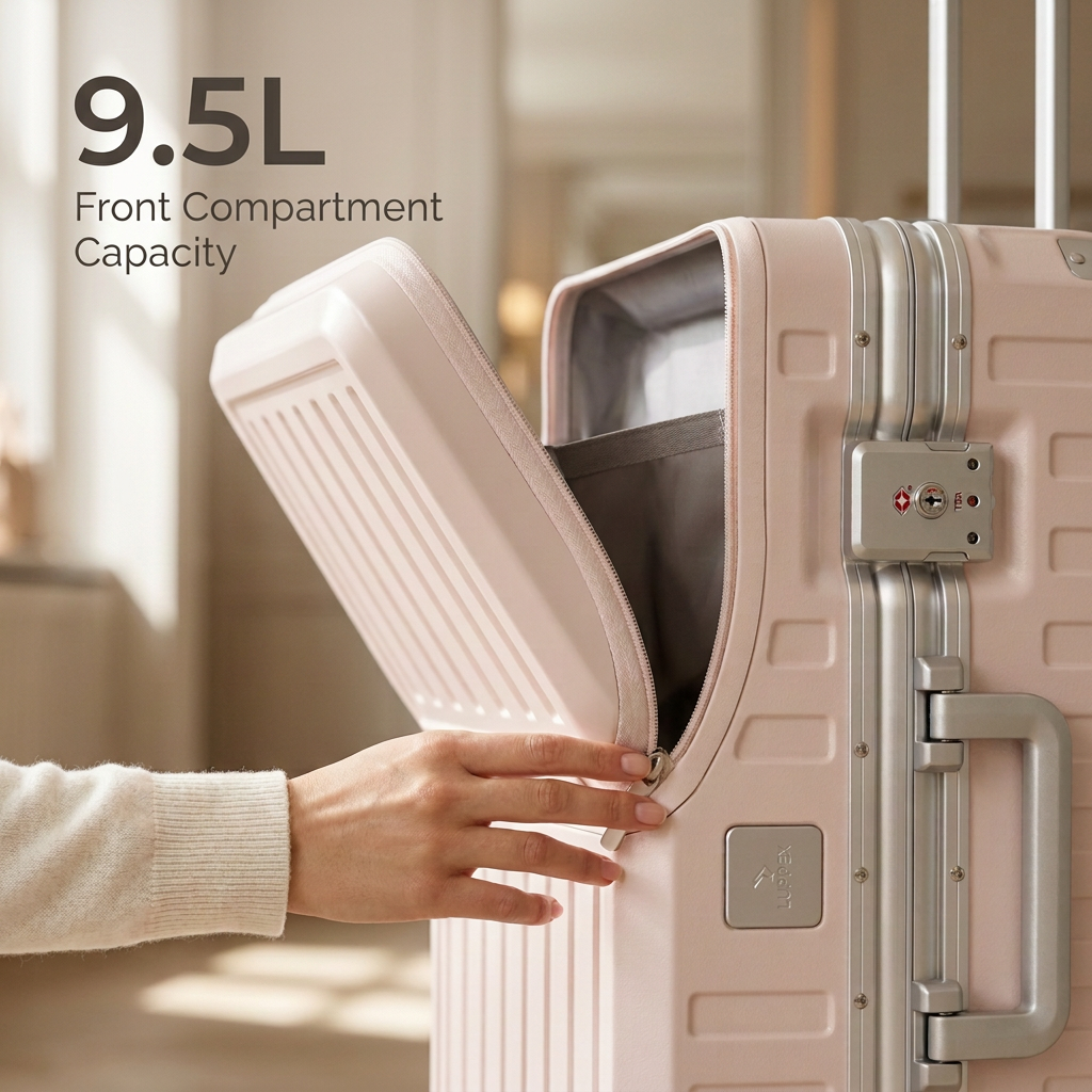 LUGGEX SF81-M1 21-inch Blush Pink carry-on, hand opening the front pocket #color_pink