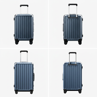 Front view of a carry-on suitcase with a 100% polycarbonate shell, designed for lightweight durability and impact resistance. 