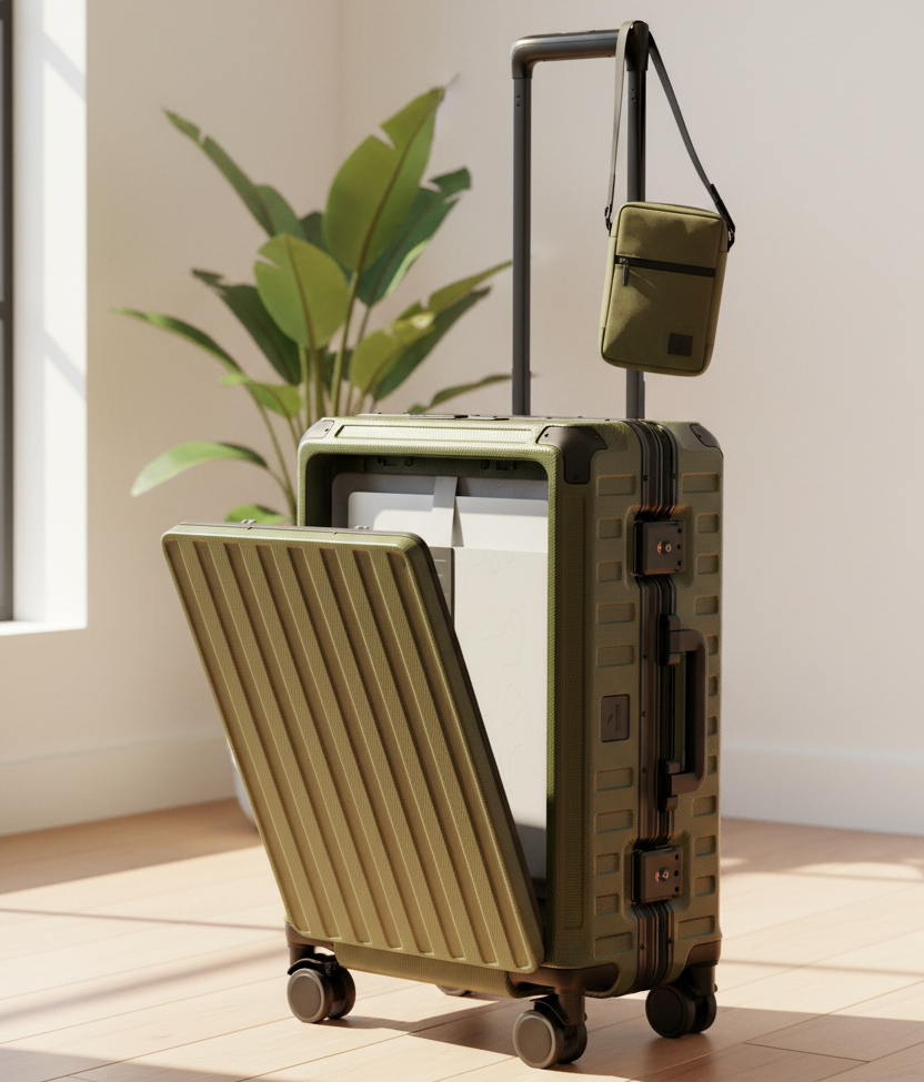 All-in-one carry-on suitcase with built-in cup holder, luggage hook, zipperless aluminum frame, and smooth spinner wheels for efficient airport travel. #color_olive_green