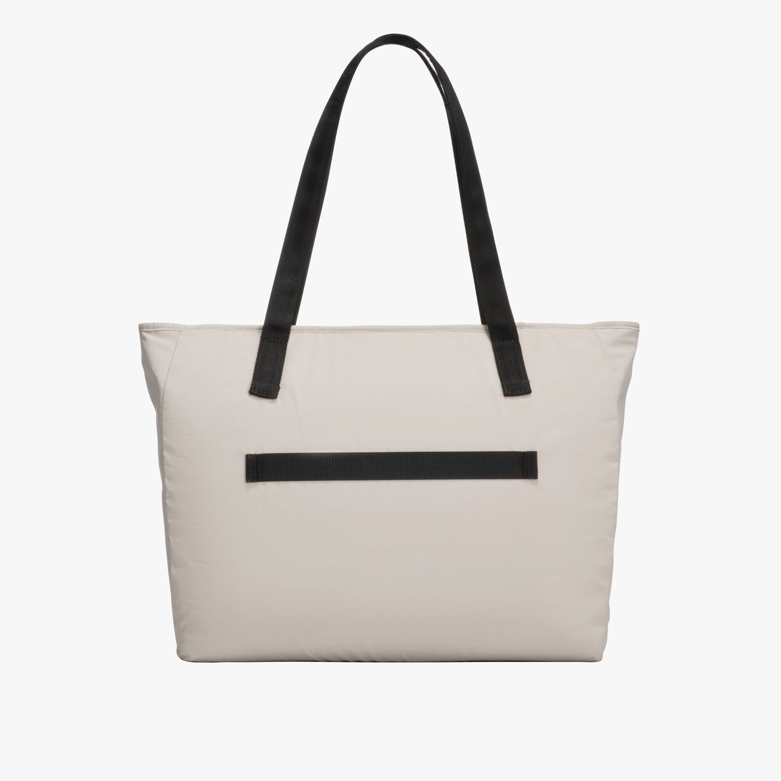 LUGGEX 15.6” black structured laptop tote bag, back view with built-in luggage sleeve for suitcase handle. 
