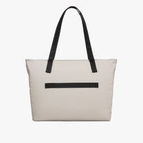 LUGGEX 15.6” black structured laptop tote bag, back view with built-in luggage sleeve for suitcase handle. 
