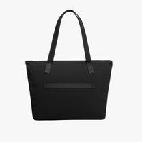 LUGGEX 15.6” black structured laptop tote bag, back view with built-in luggage sleeve for suitcase handle. 
