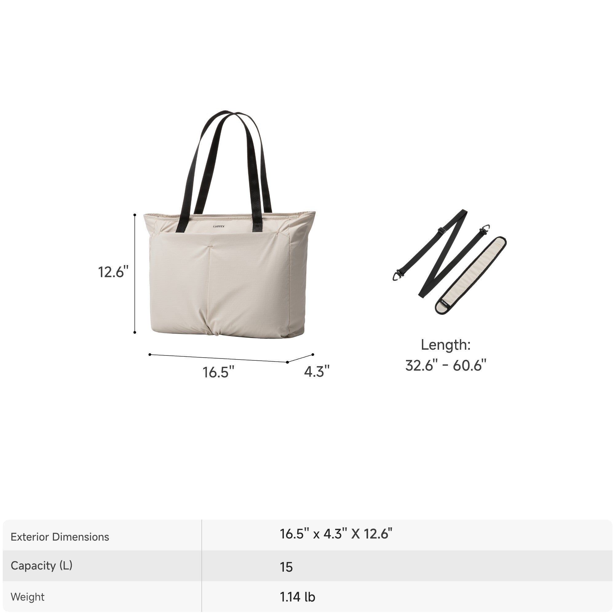 LUGGEX 15.6” black laptop tote bag dimensions and adjustable strap length specifications. 

